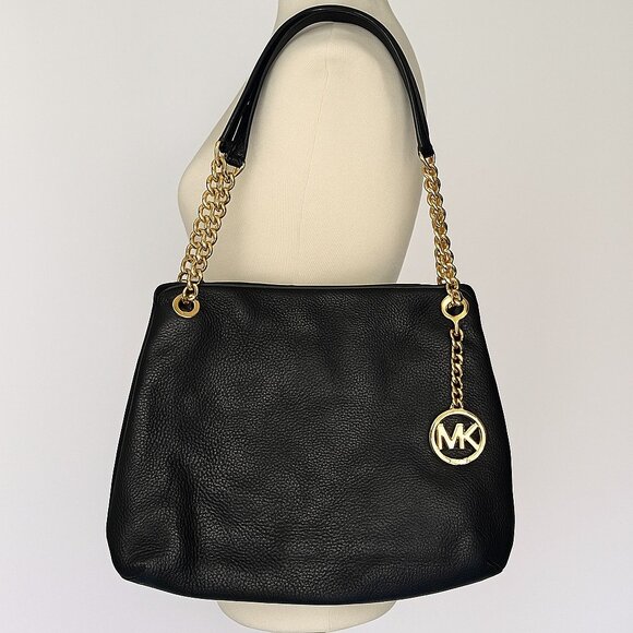 Michael Kors Black Pebbled Leather Shoulder Bag with Gold Chain Handles – EUC - Picture 1 of 8